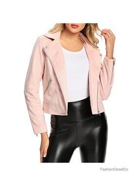 Faux Leather Suede Moto Biker Jacket Short Zip Aviator Coat